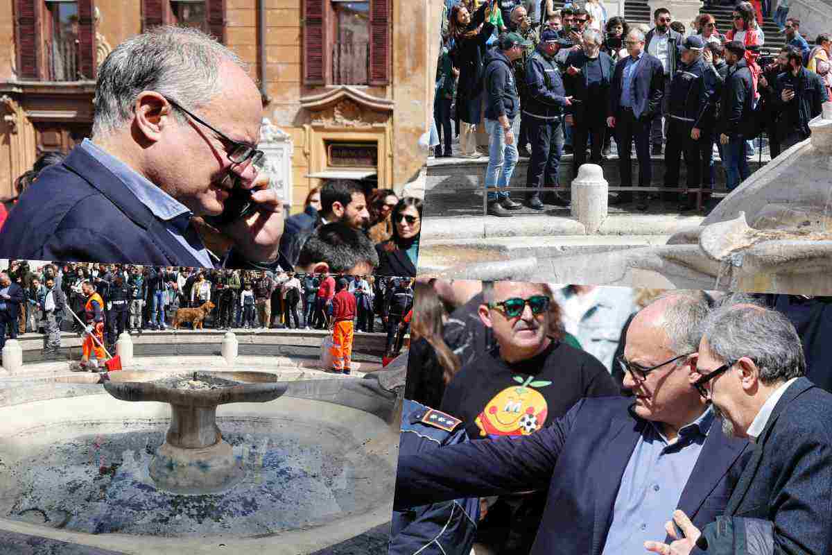 Il sindaco di Roma Roberto Gualtieri visita la fontana della Barcaccia in Piazza di Spagna a seguito dell’azione dimostrativa organizzata dagli attivisti di Ultima Generazione